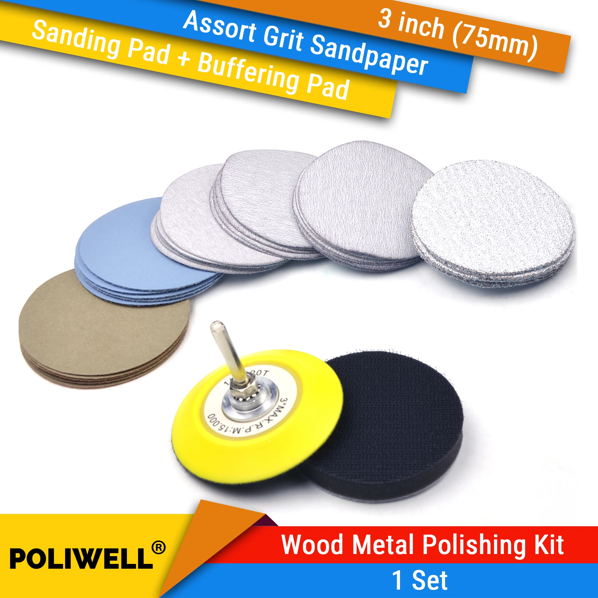 

3 Inch Wood Metal Polishing Kit Assort Grits Hook and Loop Sanding Discs +1/4 inch Shank Backing Pad + Soft Sponge Buffering Pad