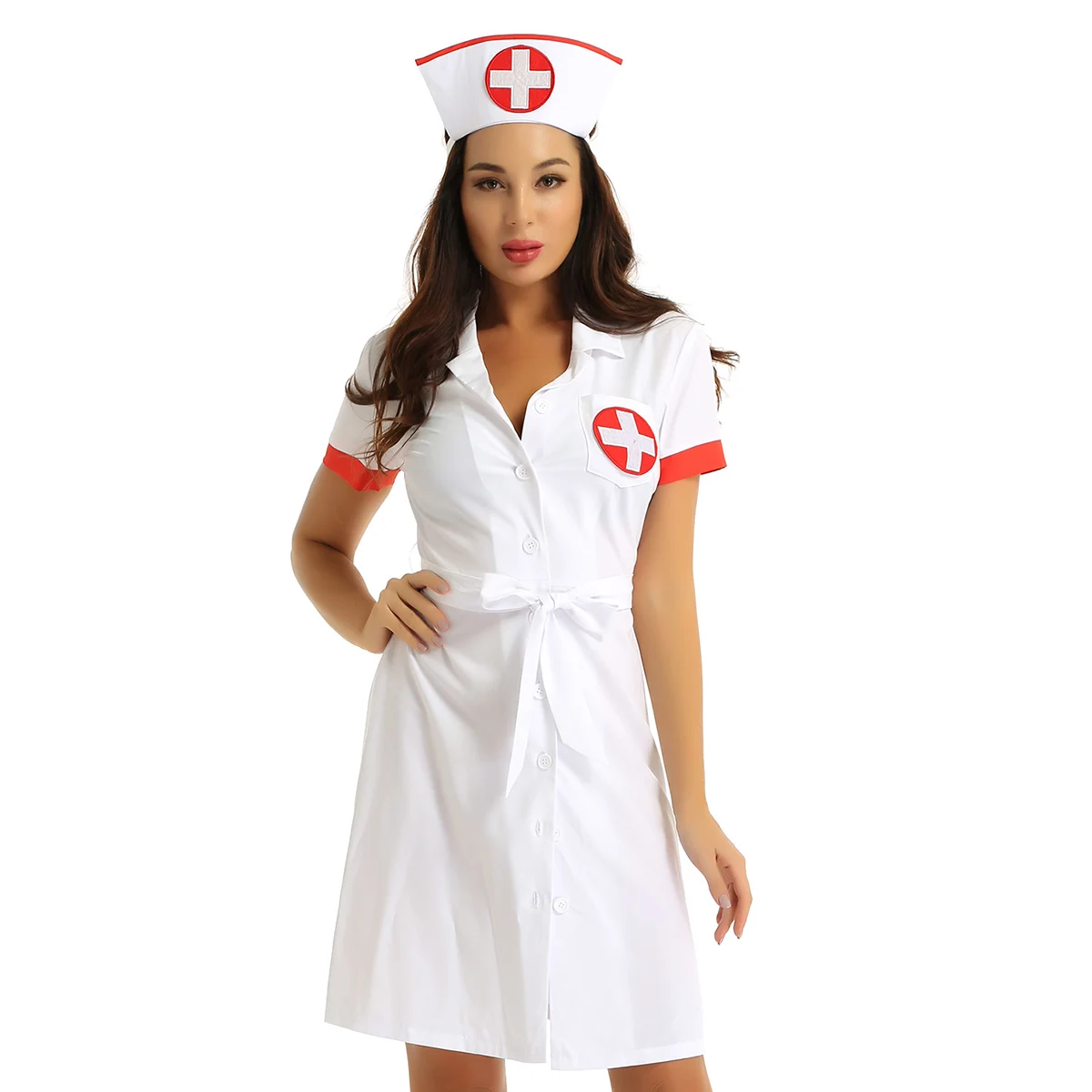 Médico Enfermeiro Médico Traje Cosplay para Mulheres, Vestido de Representação, Roupa com Cinto e Chapéu, Tentação, Jogo Sexy, 3 peças