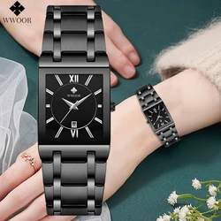 Womens Fashion Full Black Watch Ladies Square Quartz Clock WWOOR Top Brand Luxury Elegant Women Dress Wrist Watches Montre Femme