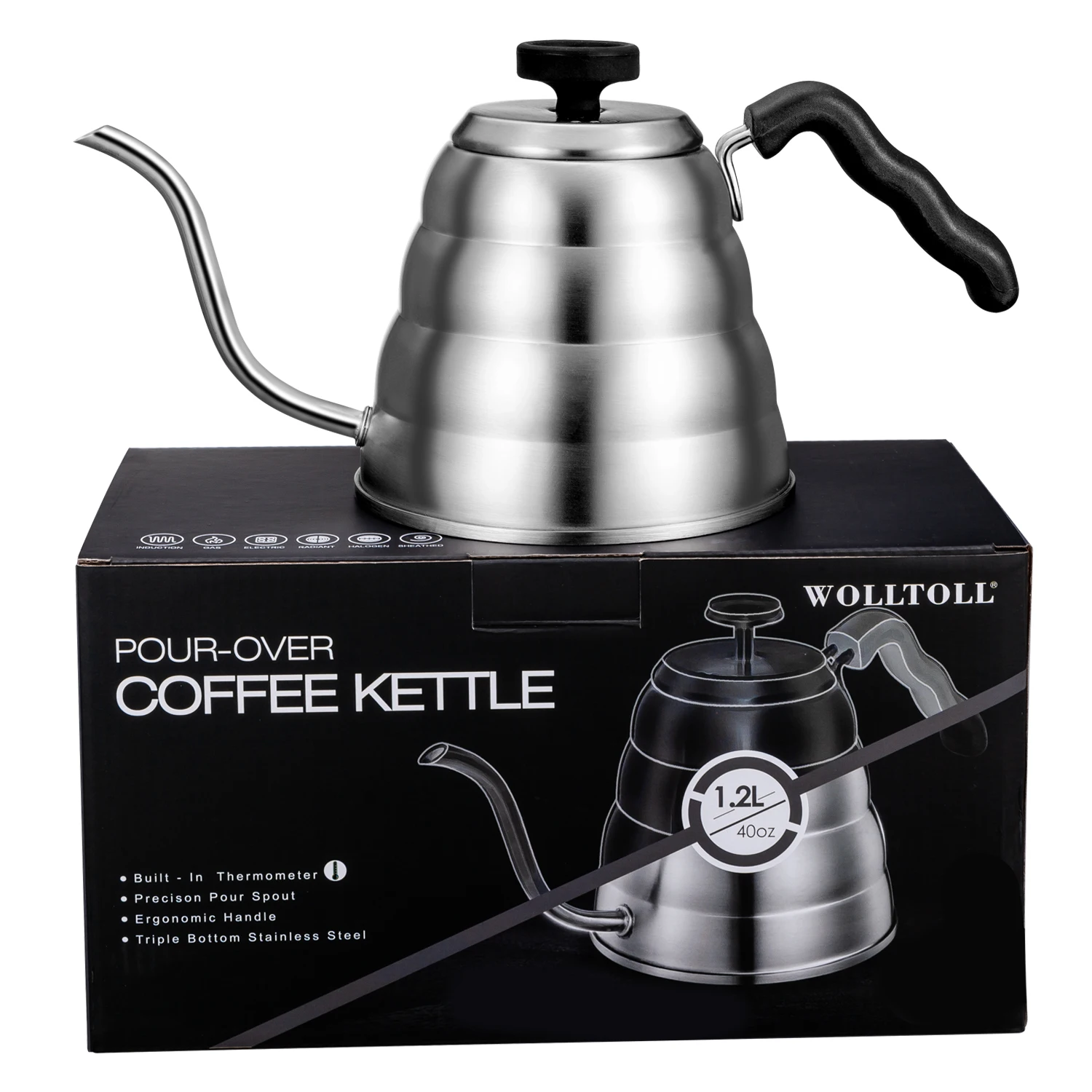 

Stainless Steel Coffee Kettle with Glass Surface, High-Grade Gooseneck, Hand Brewed Coffee Pot, 1.25L, 40oz