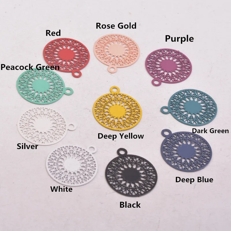 100pcs AA3739 15*17mm Brass Filigree Flat Round Charm Rose Gold And Silver Color Charms Jewelry Earring Pendant Parts