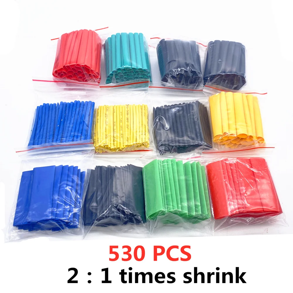 

530pcs/Set Polyolefin Shrinking Assorted Heat Shrink Tube Wire Cable Insulated Sleeving Tubing Set 2:1 Waterproof Pipe Sleeve