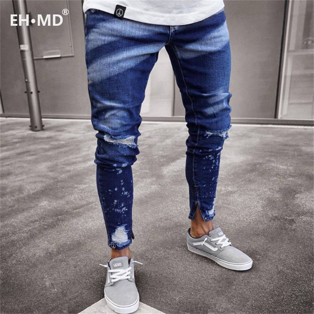 EH · MD® 100% Cotton Casual Sports Jeans Men Blue and White Dyeing Holes Scratching Skinny Trousers Zipper Opening Trend Cotton2