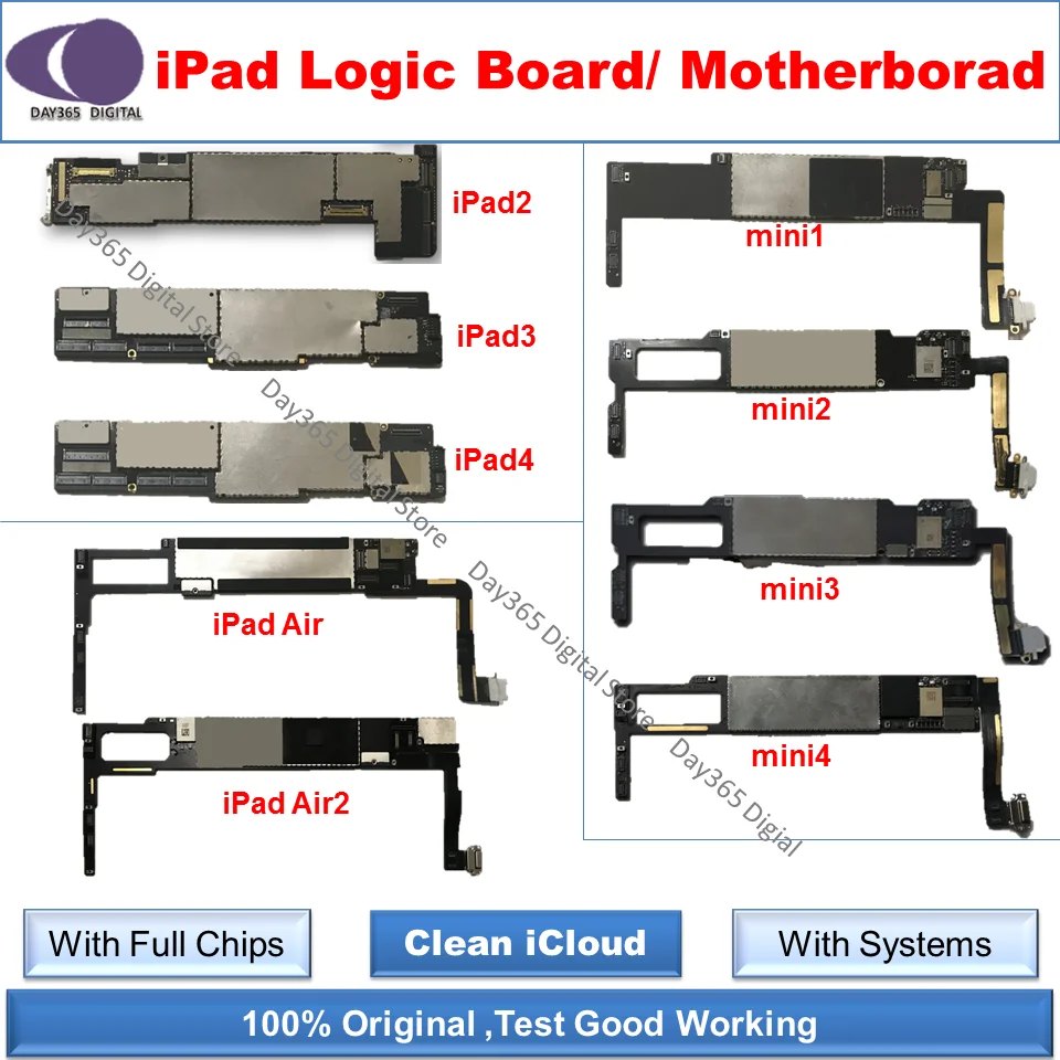 iCloud free Unlocked Logic Boards for ipad 2 3 4 5 Air air2 Motherboard Unlocked for mini 1 2 3 4 a1474 a1566 a1489 a1599 A1538