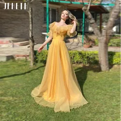 JEHETH Vintage Yellow Square Neck Tulle Prom Dresses Boho 2022 A Line Short Ruffles Sleeves Princess Party Gowns Floor Length