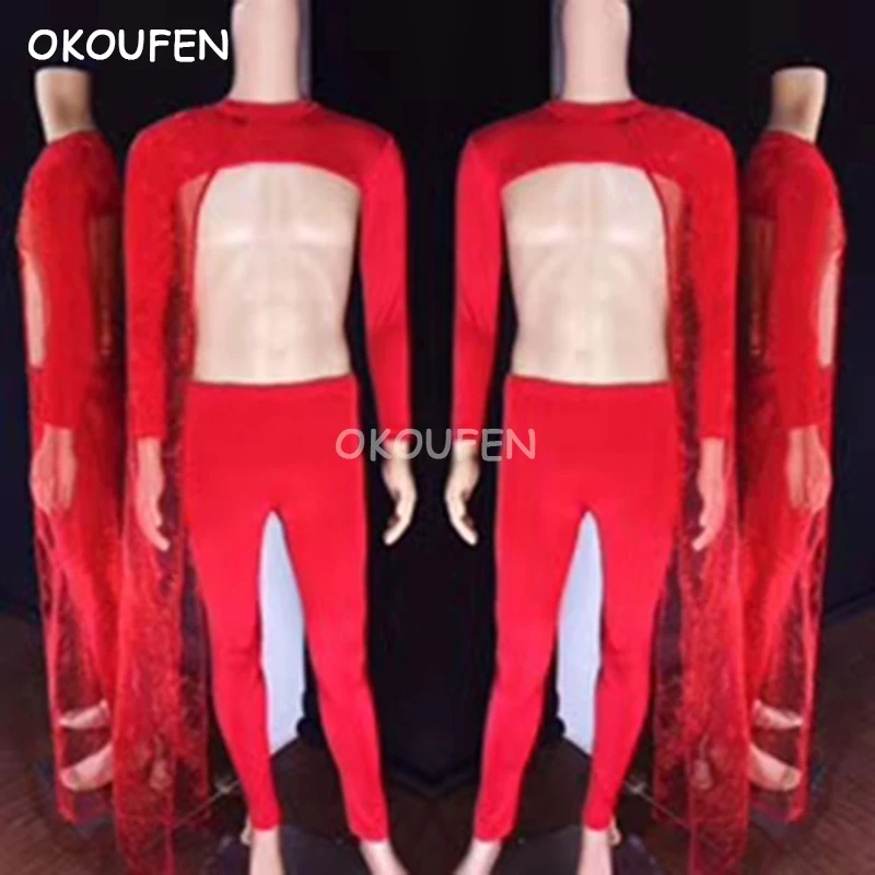 

Personality Nightclub male singer dancer show stage cloak three-piece costumes set Theme party series