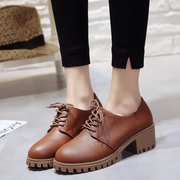 Round Toe Leather Square Heel Lace-Up Mary Janes Platform Pumps Women Shoes 2022 Summer Shoes Woman British Wind Student Shoes