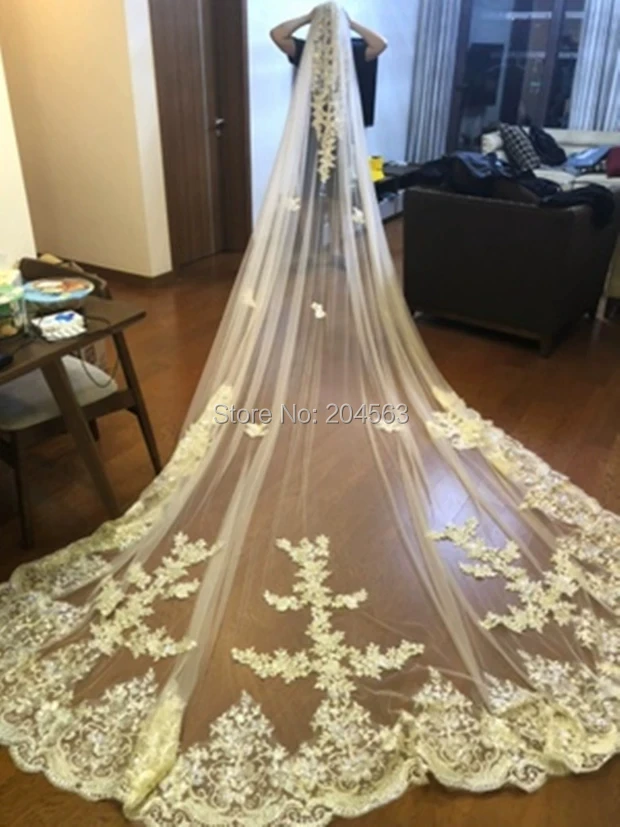 High Quality White Ivory Wedding Veils Cathedral Length Bridal Lace Applique Bridal Veil  With Comb 2020