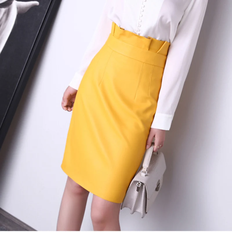 Skirt Women 2021 Female Genuine Leather Elegant Bud Folded Ruffled High Waist Wrap Jupe Mujer Pure White/Yellow Mid Saias