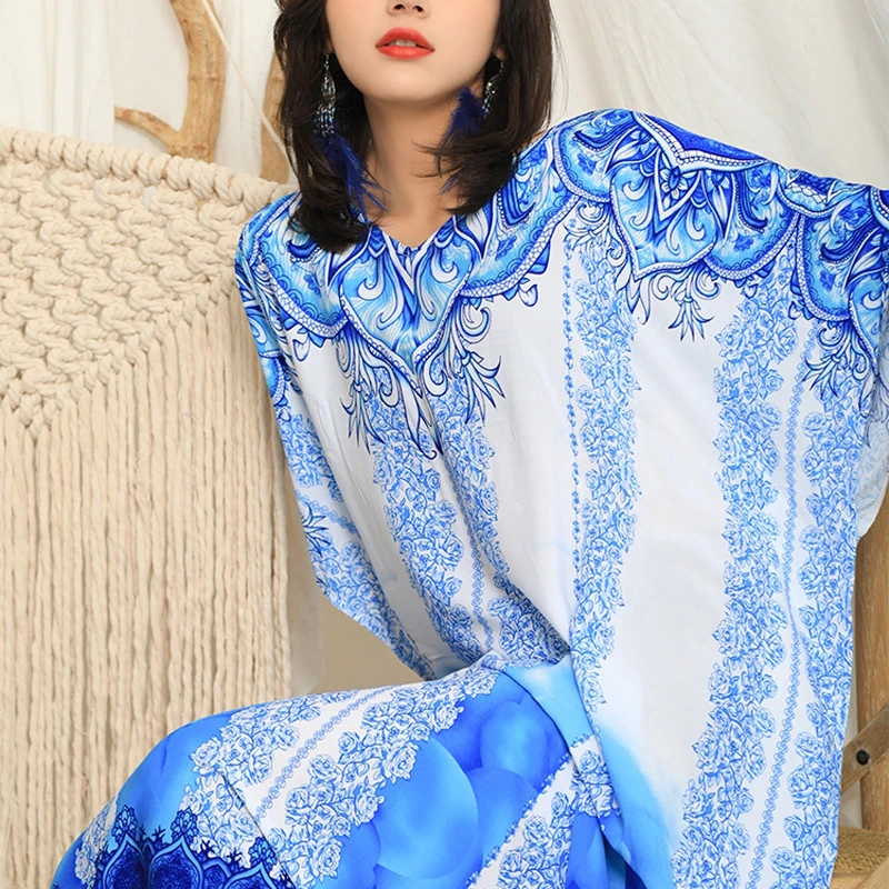 Freesize Kaftan Voor Vrouwen Katoen Blauw Golvende Lijn Patroon Maxidress Fancy Elegante Bohemian Summer Dress Lange Tuniek Loungewear Gown