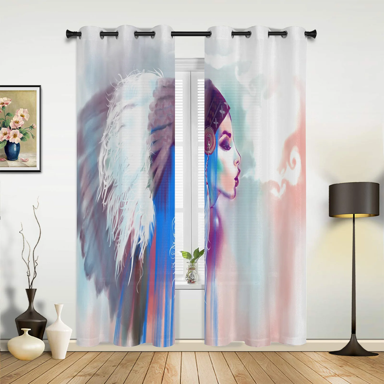 Indian Girl Boho Watercolor Sheer Curtains For Living Room Window Curtain Bedroom Kitchen Balcony Gazebo Curtain Room Divider