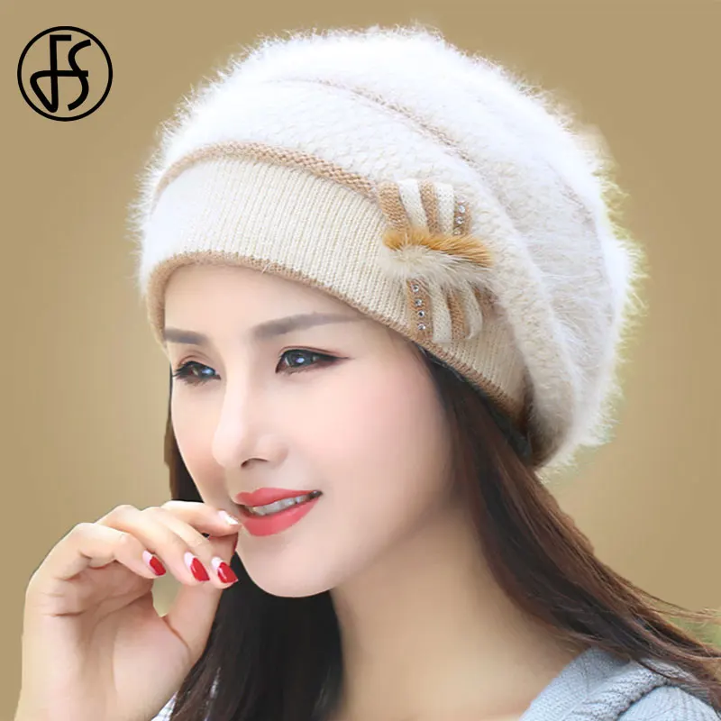 FS Winter Hats For Women Beret Angora Knit Hat Warm Flower Bow Fashion Double Layers Thermal Snow Caps Berets Femme Hiver