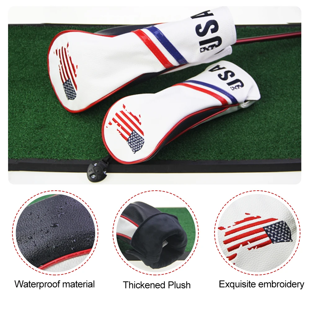 3Pcs/Set USA Golf Head Cover PU Leather Golf Club Head Covers Set of Driver 1 3 5 Fairway Woods Headcover for Golf Club