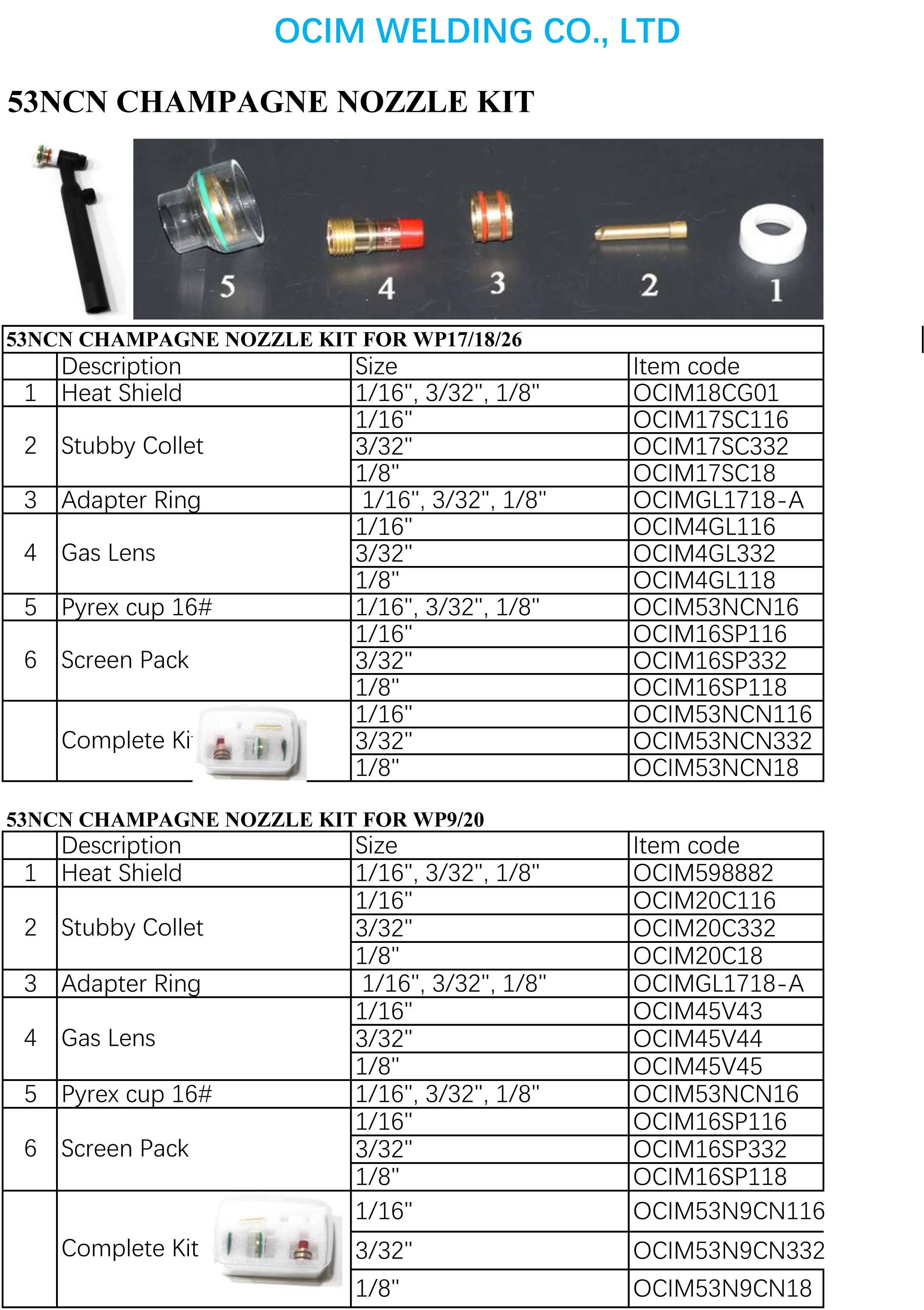 Tig Welding Pyrex Cup Kit Collet Body, WP9, WP17, WP18, WP20, WP26