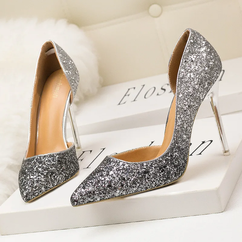 HOT Women Shoes Pointed Toe Pumps Sequined Cloth Dress Slip On 11CM Thin High Heels Bling Party Wedding shoes for women 2023