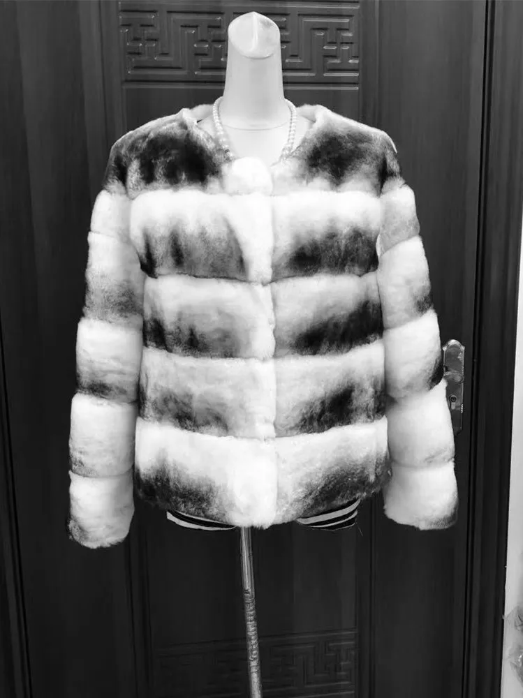 

2025Winter HEFUXIANG fur jacket vest women real rex rabbit fur coats thick fullness striped lady genuine fur outerwear clothing