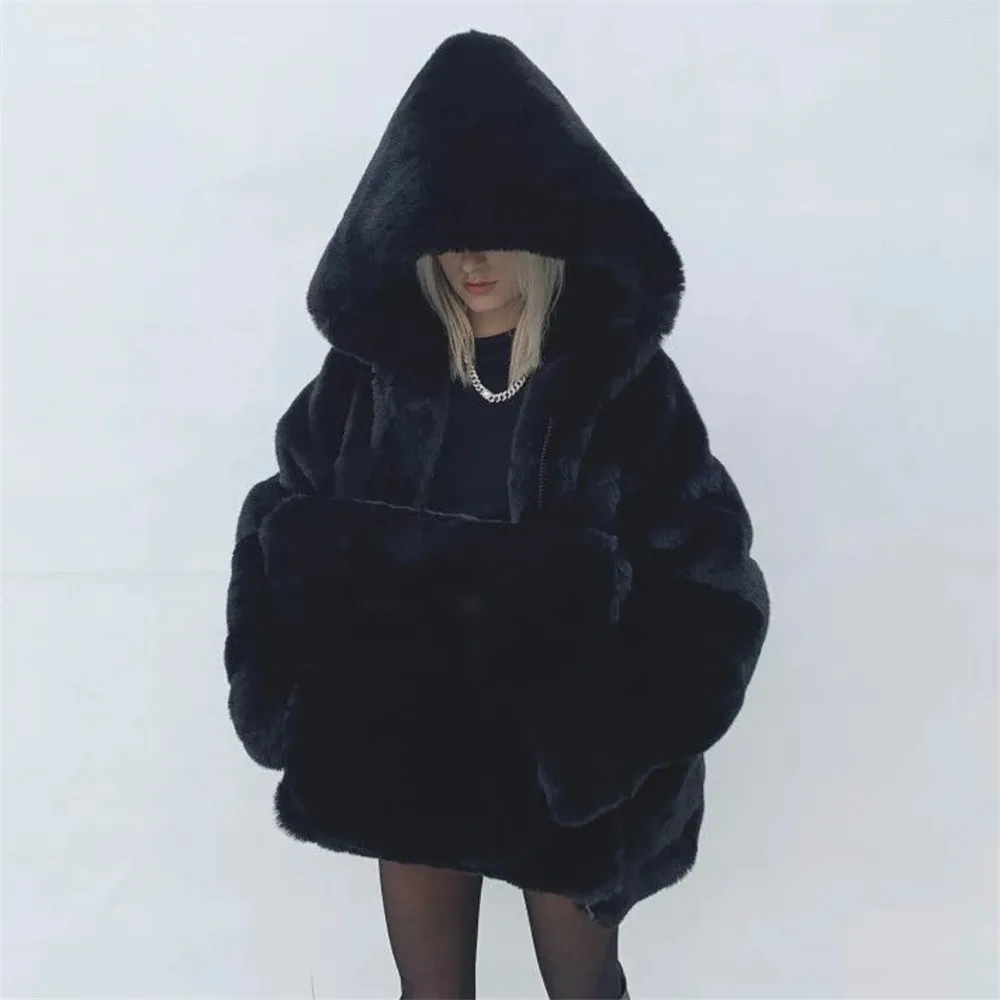 Women Gothic Black Soft Hooded Fur Coat Winter Faux Fox Fur Furry Luxury Fake Fur Jacket High Quality Female Jacket Thick Coat