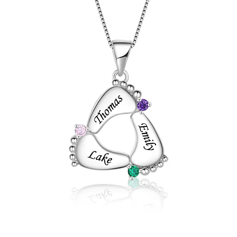 Personalized Baby Feet Necklace with Birthstone 925 Sterling Silver Customized Name Necklaces Engrave Footprints Pendant Gift