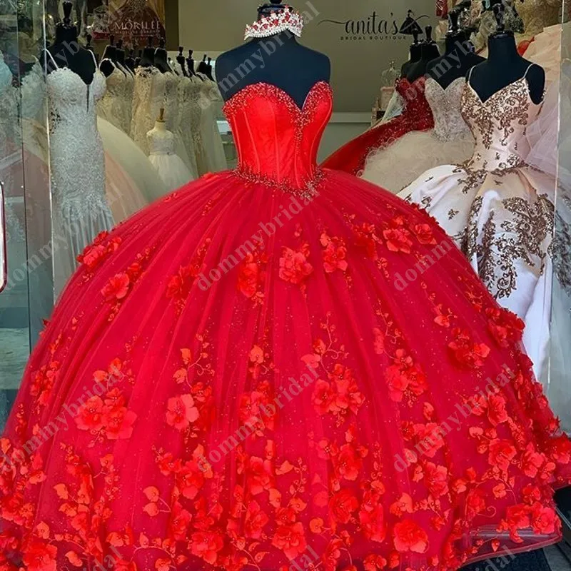 Venda quente 2023 vermelho 3d flores florais pérolas mexicano tule quinceanera formatura vestidos de festa à noite cristal rendas inchado barato novo