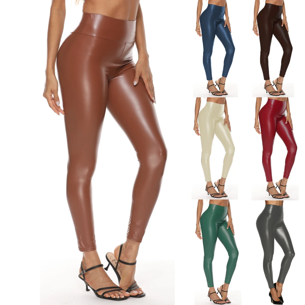 

2021 New PU Pants Womens Leggings Pants Push Up Hip Skinny Sexy High Waist Trousers Slim Legging