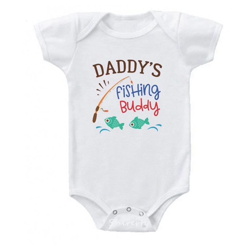 Cotton Newborn Baby Boy Girl Short Sleeve Romper Letter Print Daddy\'s Fishing Buddy Romper Outfits Summer Baby Clothes White