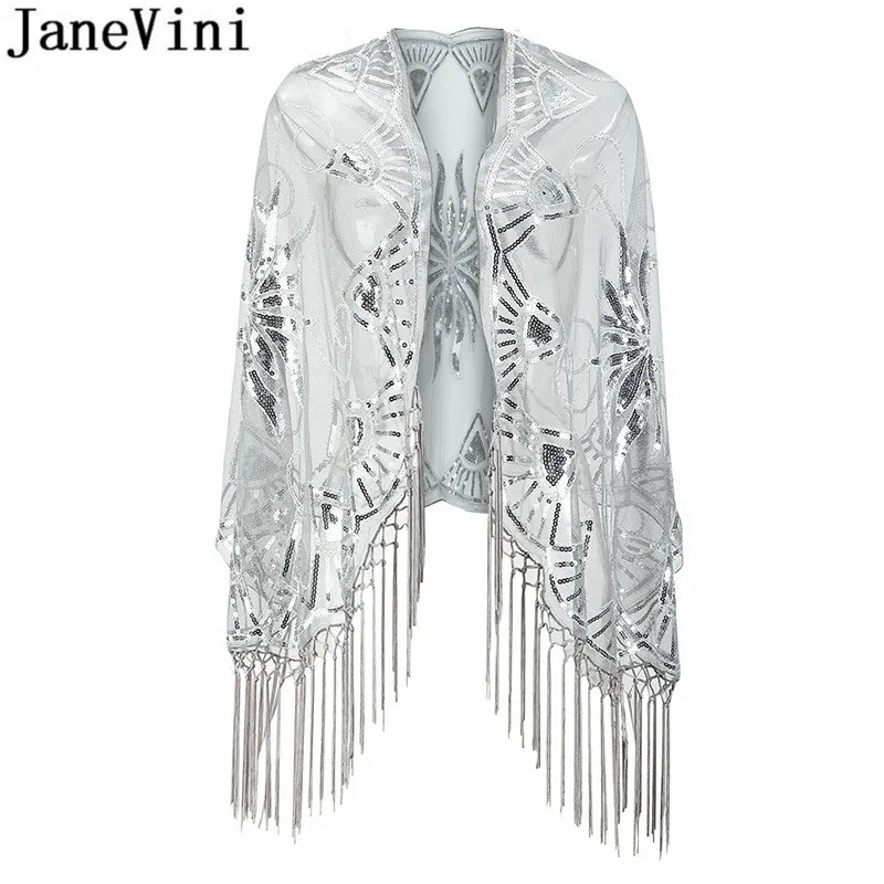 JaneVini Bling Silver Sequins Bridal Shawls Wraps Capes Beaded Gold Bolero Sequin Estola Tassel Shrugs for Women Evening Dress