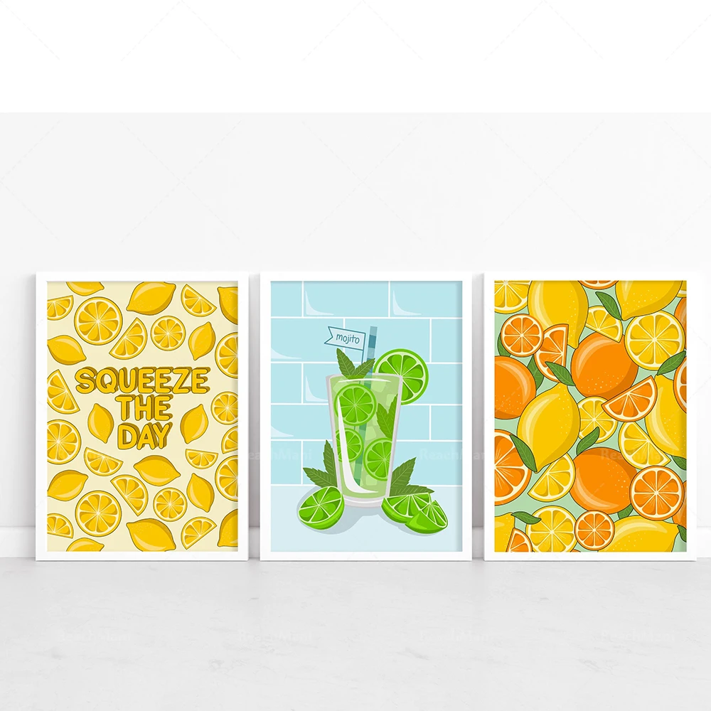 Un conjunto de tres impresiones d'agrumes, impresiones de cocina de citron, naranja y cidra, cóctel, impresión de alcohol, e