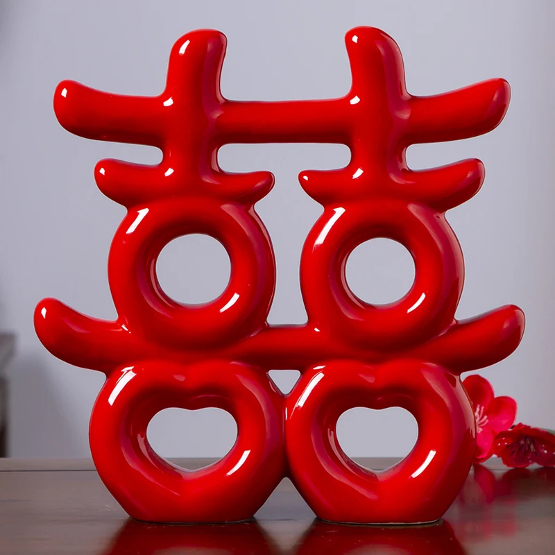 

Chinese Red Double Happiness Ceramic Accessories Wedding Gifts Home Livingroom Desktop Furnishing Crafts Figurines Decoration