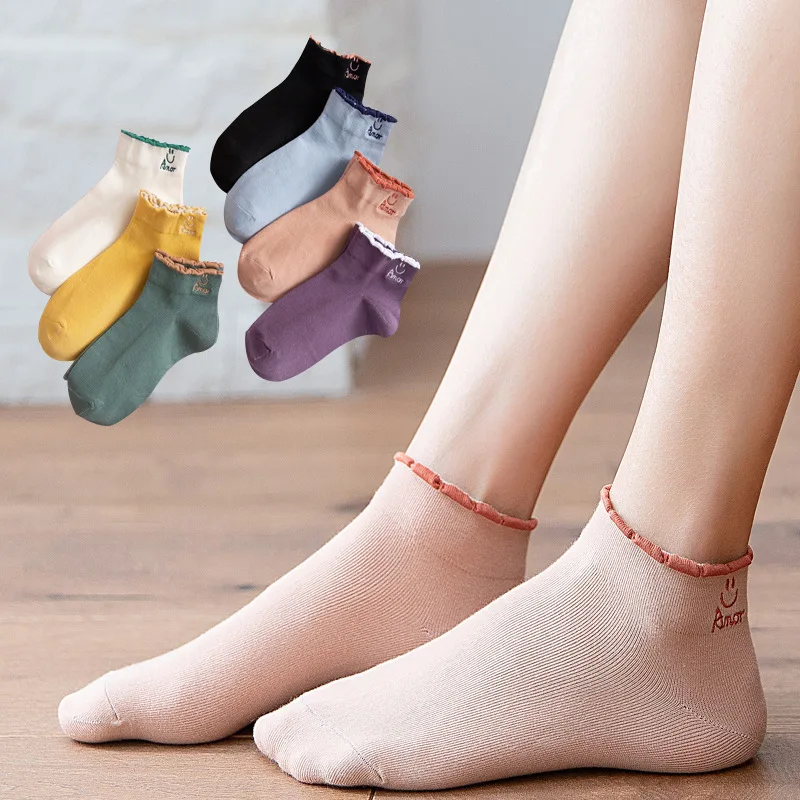 14Pieces=7Pairs/Lot Socks Women Cute Cartoon Cotton Funny Happy Ankle Socks Pack Japanese Harajuku Embroidery Casual Socks Set