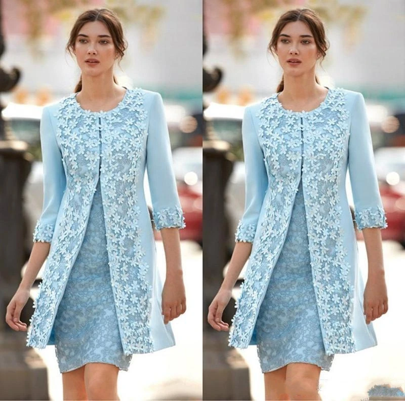 Elegante 2020 luz azul mãe da noiva vestidos de festa de renda com jaqueta jóia bainha floral curto casamento vestido convidado