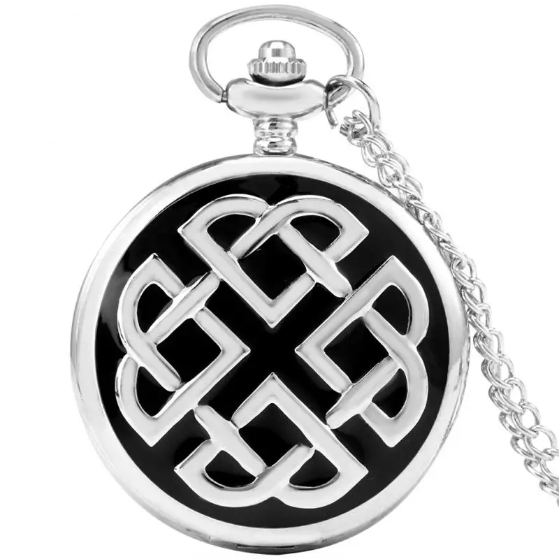 Black Silver Irish Knot Rope Stripe Design Quartz Pocket Watch Vintage Sweater Chain Pendant Antique Pocket Clock for Men Women