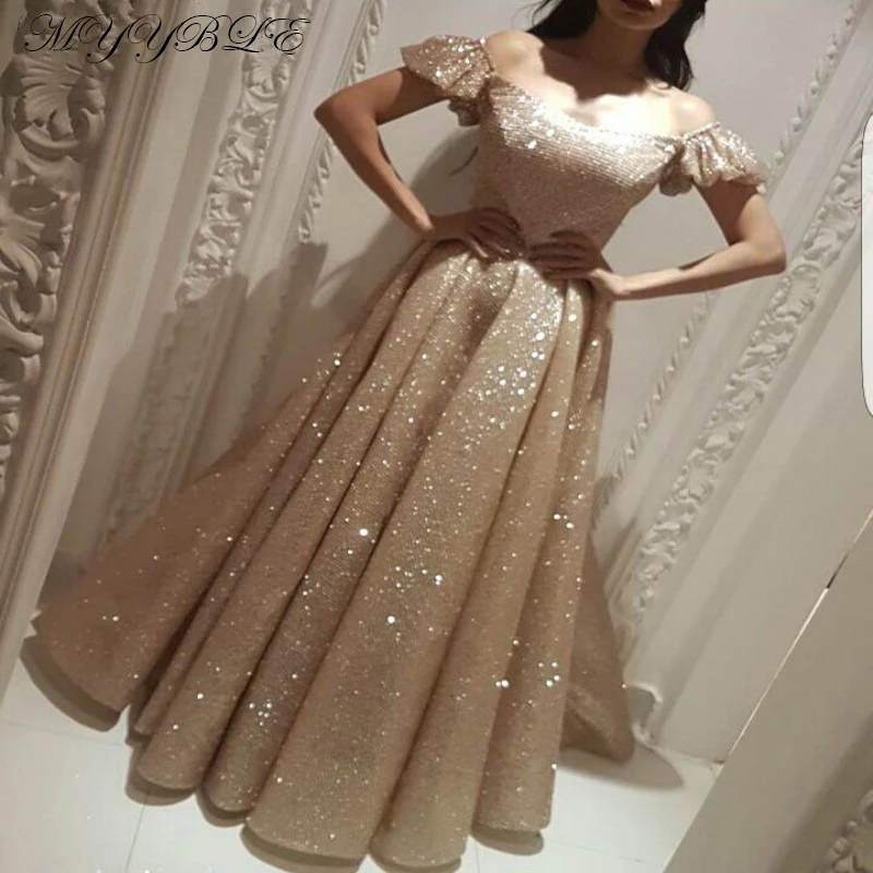 Gaun malam soirechampagne kustom wanita Arab Saudi payet Glitter A-Line panjang gaun malam Prom Formal abendtleider