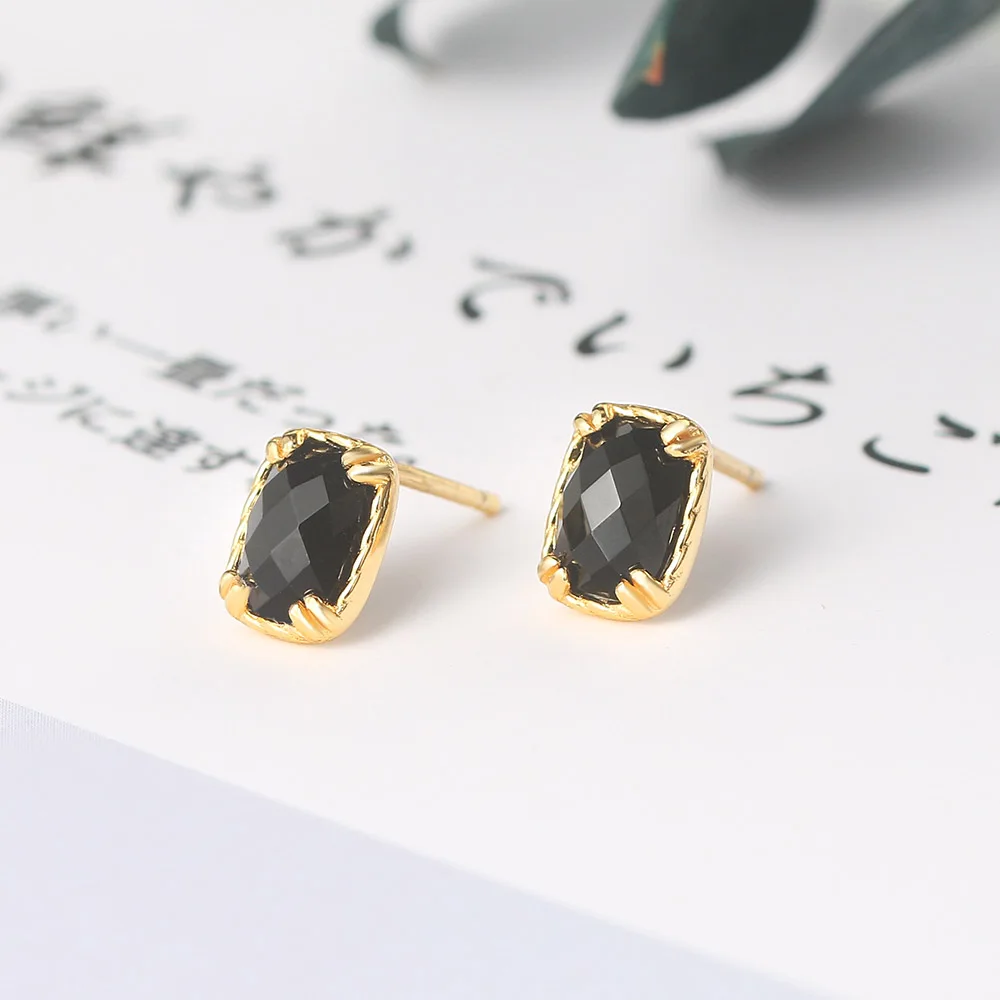 LAMOON 925 Sterling Silver Stud Earring For Women Natural Black Agale Flat Lattice Surface 14K Gold Plated Fine Jewelry LMEI119