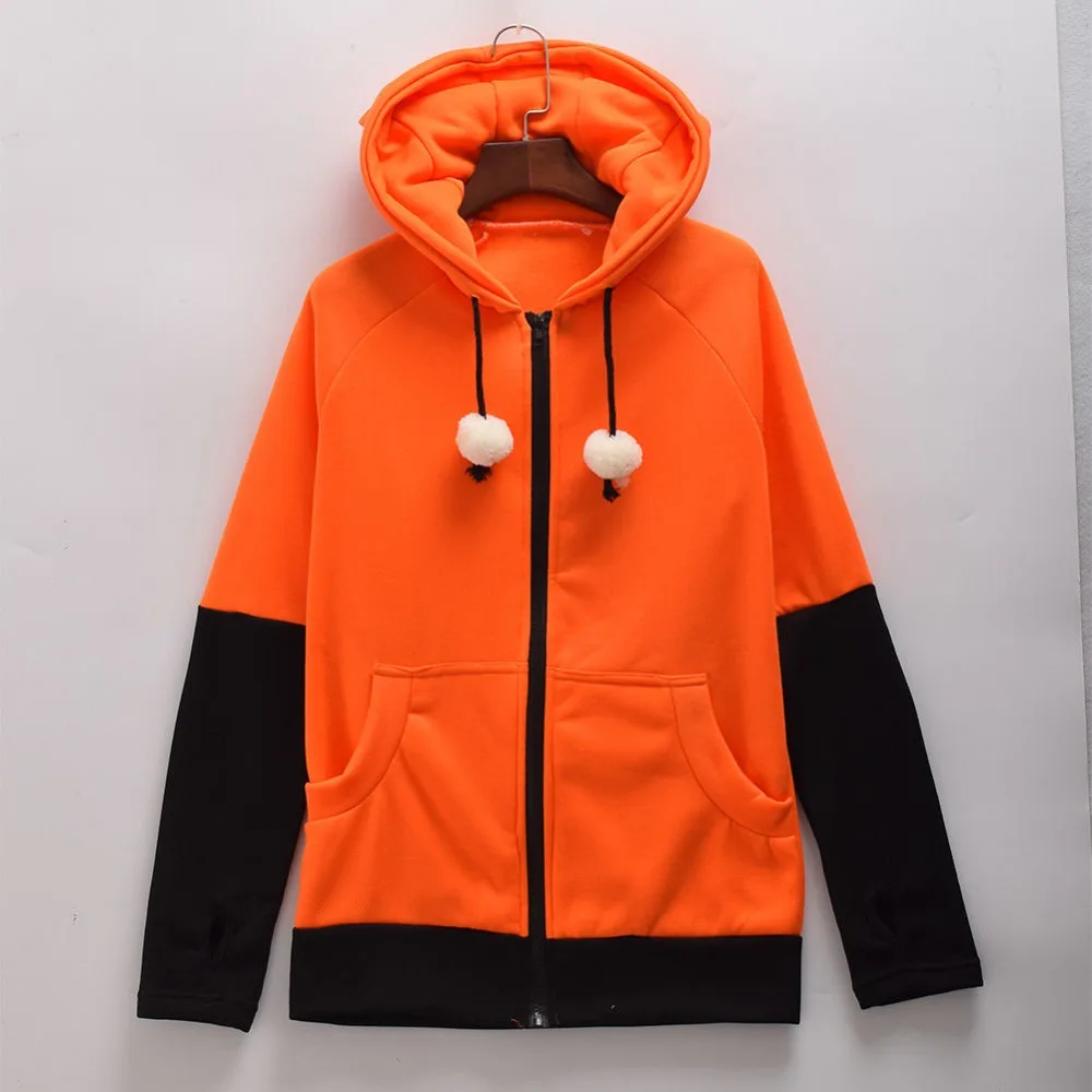 Animal fox ears Cosplay costume hooded jacket warm orange sweatshirt unisex hoodie