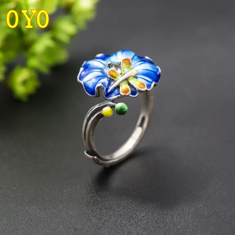 100% S925 silver retro women's fashion temperament silver burnt blue lotus ring cloisonne dragonfly ring