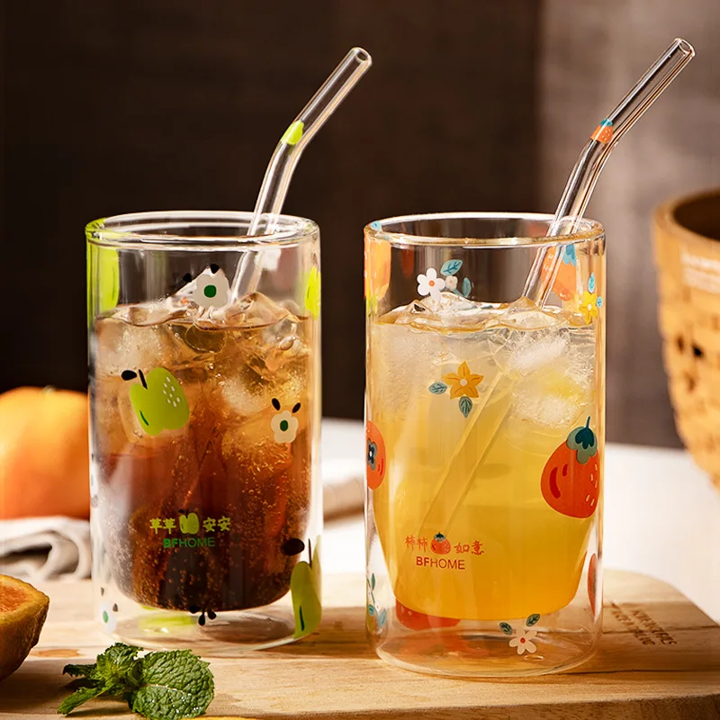 

Creative Double Glass Water Cup, Heat-Resistant, Cute Apple Persimmon Printing, Home High-Value Glass, Coffee Milk Juice Cup