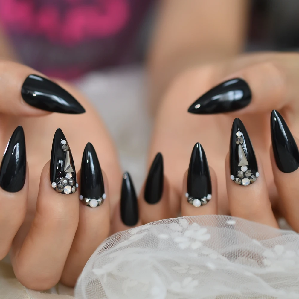 24pcs Black Reusable False Nail Pre design Gems Decorated Stiletto Press On Easy Wear Artificial Nails Art Fake Extension Tips