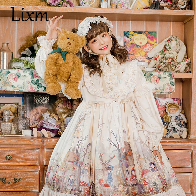 Robe victorienne vintage Lolita Jsk pour femmes, imprimé mignon Kawaii, nœud à volants, robes de princesse pour filles, nickel é, mini robe de soirée Harajuku