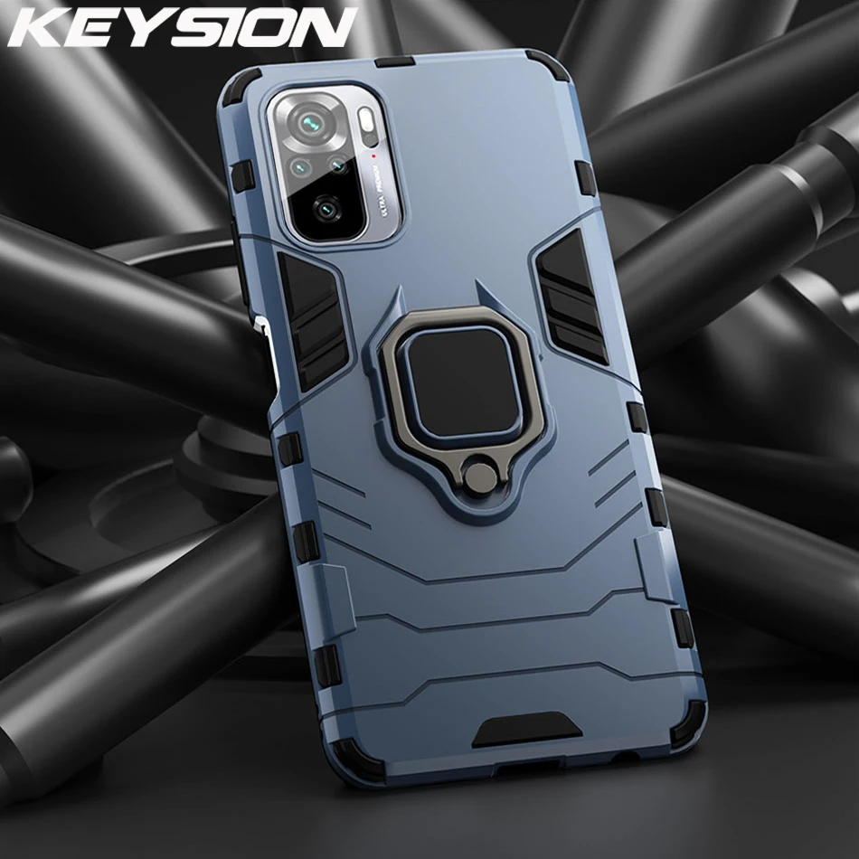 KEYSION Shockproof Armor Case For Redmi Note 10 10 Pro 5G Ring Stand Silicone Phone Cover for Xiaomi Redmi Note 10 4G 10 Pro Max