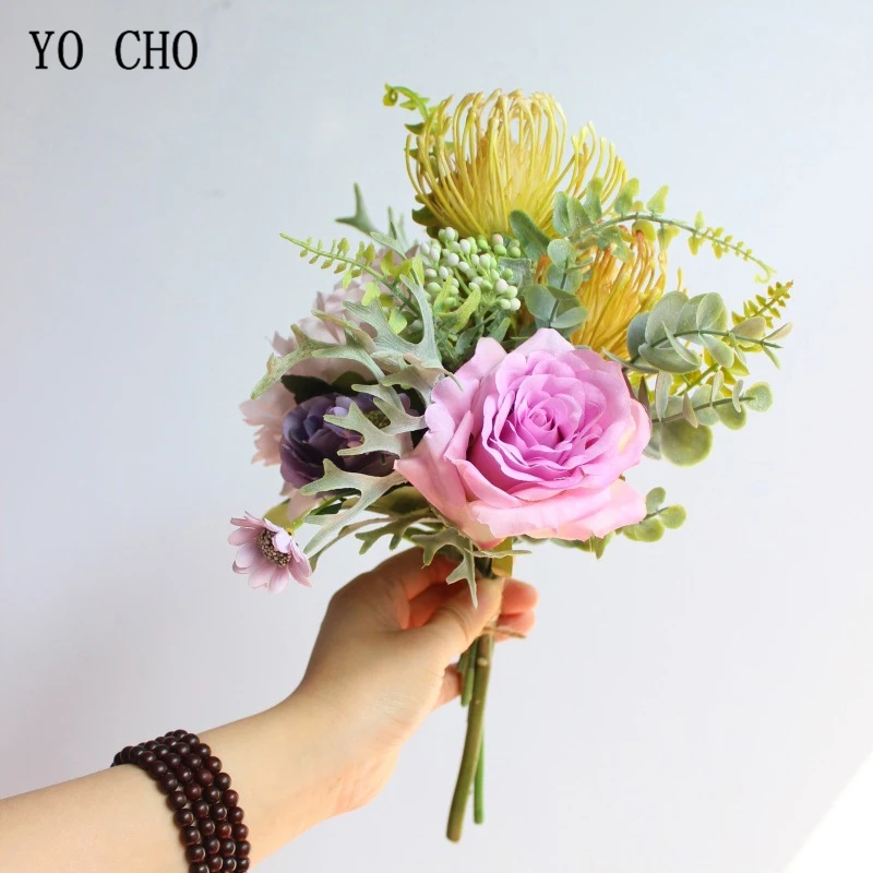 YO CHO Rose Bouquet Bride Wedding Flower Bouquet Artificial Silk Rose Peony Daisy Eucalyptus Leaf Fruits Wedding Bouquets Flower