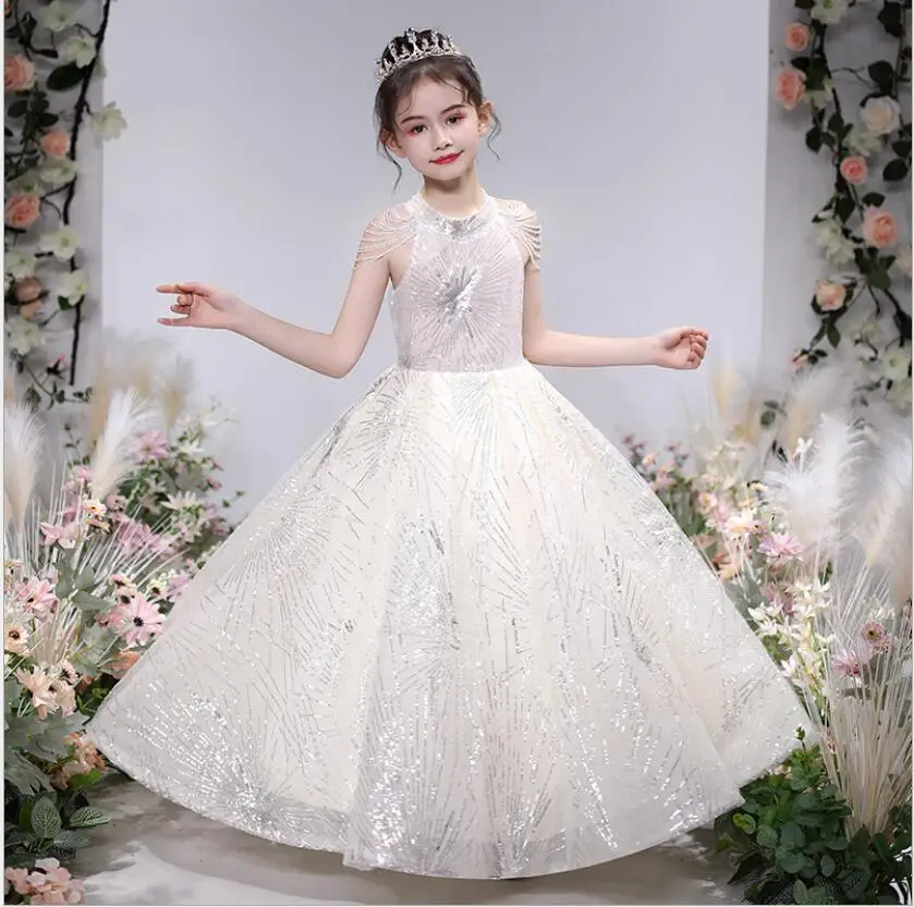 

Kids Pageant Evening Gowns Sequin Lace Ball Gown Flower Girl Dresses For Weddings First Communion Dresses For Girls Vestido