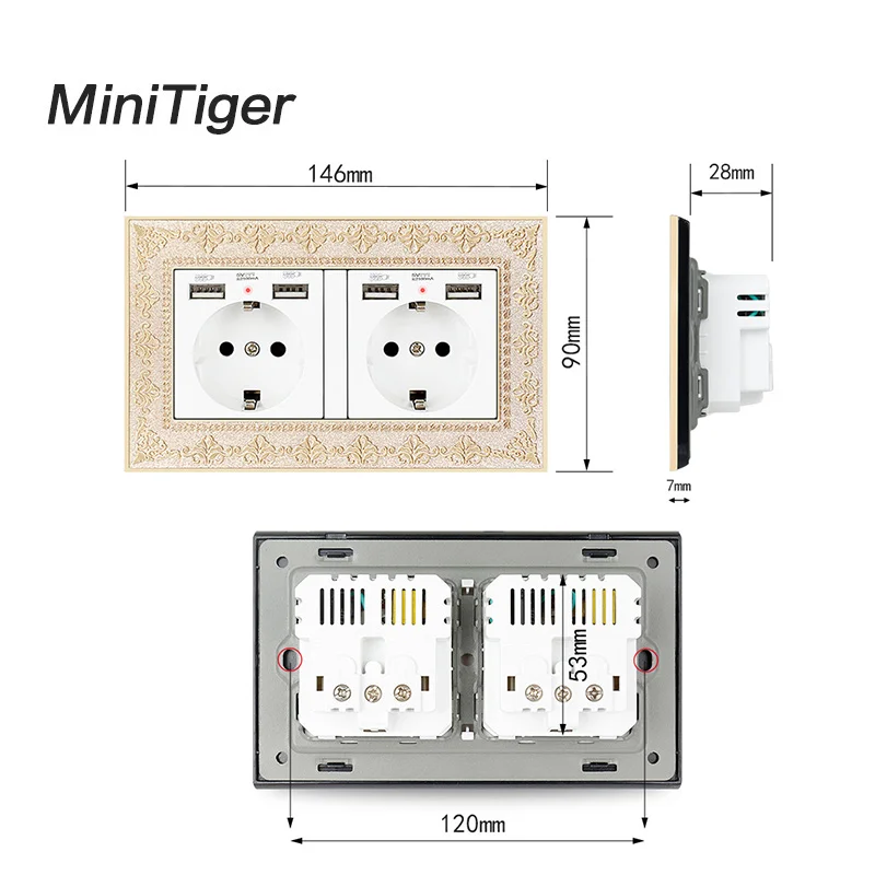 Minitiger 2 Gang Russia Spain EU Standard Wall Socket With 4 USB Charge Port Hidden Soft LED Indicator Vintage Zinc Alloy Frame