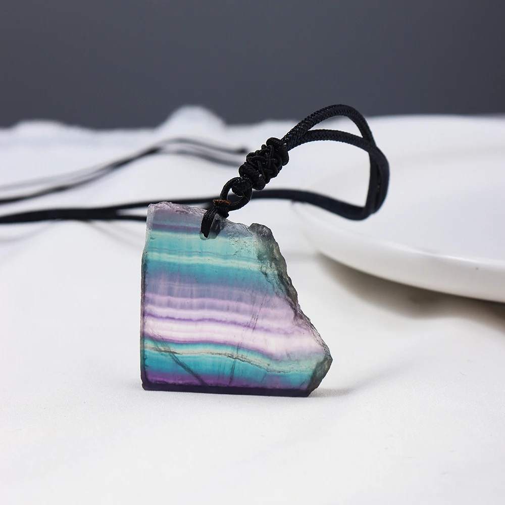 Natural Crystal Rainbow Fluorite Pendant Colorful Irregular Shape Crystal Slice Raw Quartz Necklace For Women Gift