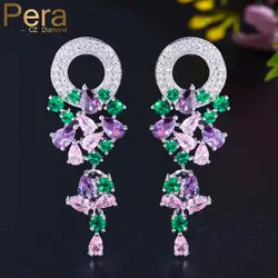 Pera Trendy Bohemia Jewelry Big Circle Round Cubic Zirconia Long Colorful CZ Leaf Dangle Drop Earrings for Women Party Gift E317