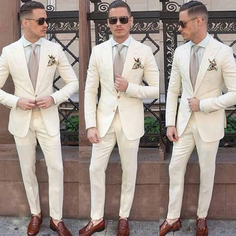 

Ivory Men Suits Peaked Lapel Blazer Classic Fit Two Pieces Custom Made Wedding Tuxedos For Groom Wear (Jacket + Pants)