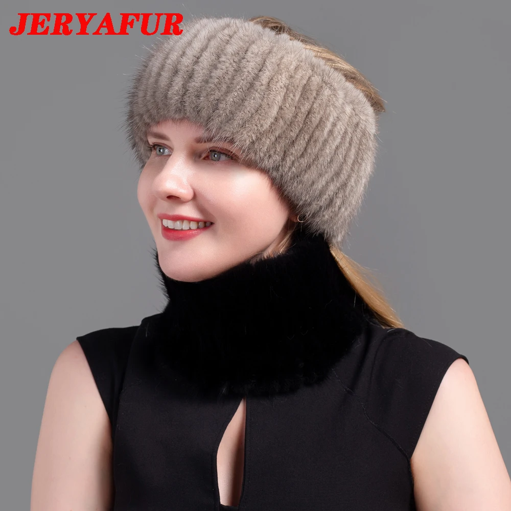 JINBAOSEN Ladies Winter Knitted Leather Straw Hat Real Mink Scarf Hat Stretch Luxury Mink Empty Top Hat