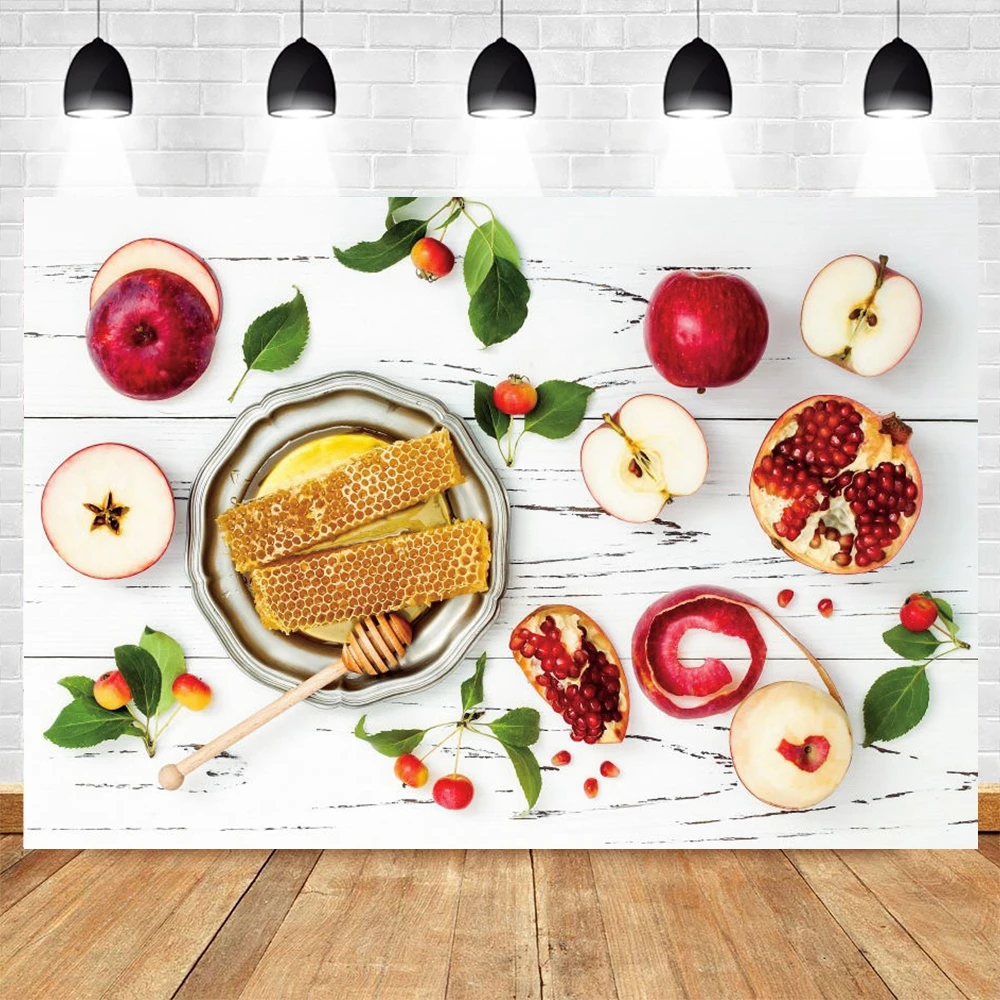 

Jewish New Year Background Rosh Hashanah Pomegranate Honey Wood Board Photography Backdrop Photo Shoot Studio Banner Poster