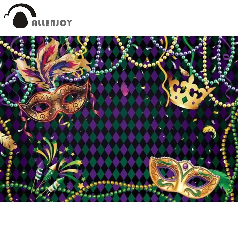 Allenjoy Masquerade Party Backdrop Purple Green Diamonds Shiny Stars Feather Gold Crown Birthday Decoration Background Photozone