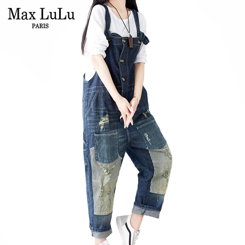 

Женские джинсовые брюки Max LuLu без рукавов в стиле преппи 2021, Свободные повседневные рваные комбинезоны с карманами, Женские винтажные брюки в стиле Харадзюку