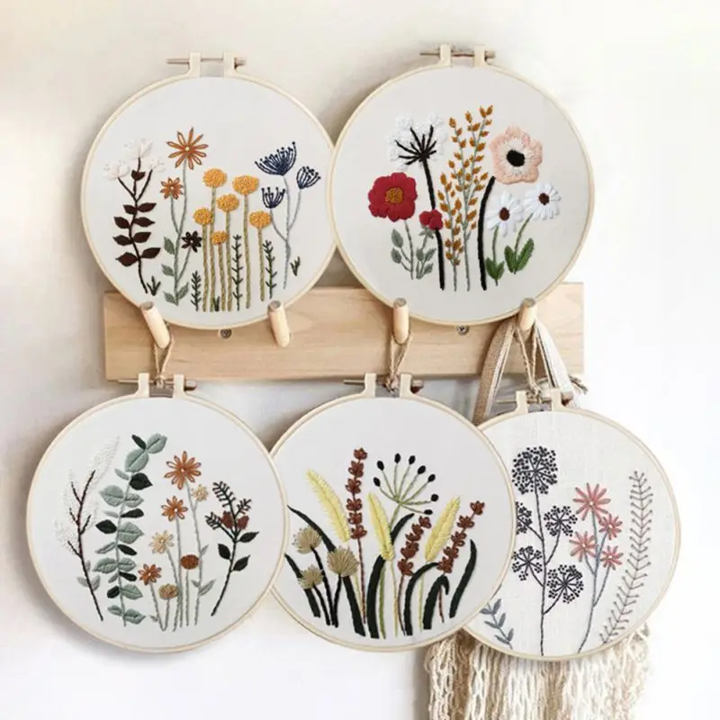 DIY Flowers Stamped Embroidery Starter Kit With Flowers Plants Pattern DIY Embroidery Beginners Set Needlework Sewing Tools 